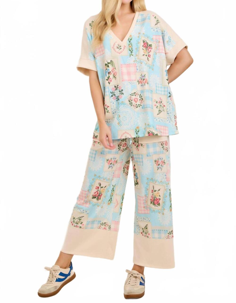 NEW J.HER rosy nostalgia terry v neck top and pants set in baby blue multi
